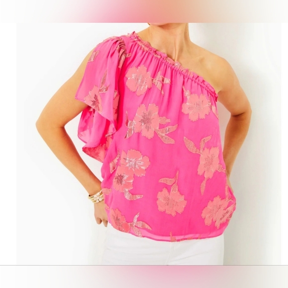 Lilly Pulitzer Sarahleigh One Shoulde Silk Top Blouse, Pink, Feminine, - Picture 2 of 11